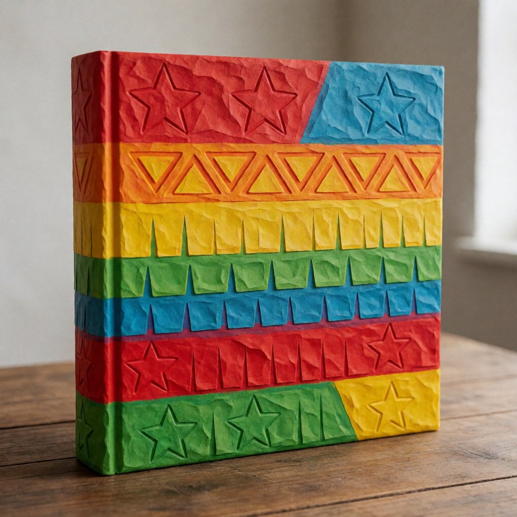 Album de graduation au design festif de pinata aux couleurs vives et à la texture en papier mâché posé sur une table en bois.