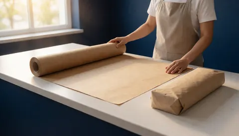 Une personne portant un tablier travaille avec du papier kraft sur une table blanche près d'une fenêtre baignée de lumière naturelle dans un environnement professionnel et ordonné.