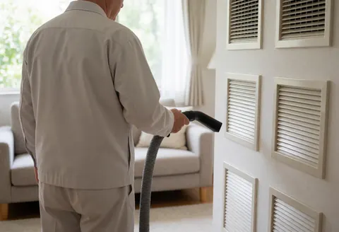 Un technicien en réparation de chauffage utilise un aspirateur pour nettoyer les grilles dans un salon avec canapé et lumière naturelle.