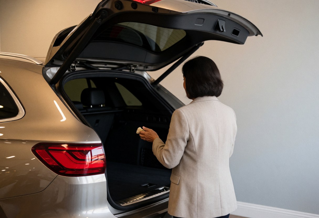 Vue arrière d'une femme chargeant des bagages dans le coffre d'un SUV de luxe, éclairage doux et fond gris clair, évoquant la logistique événementielle.