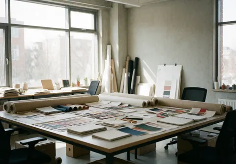 Espace de travail créatif et ordonné pour planifier des mariages, comprenant une grande table, des rouleaux de tissu, des échantillons de couleur et des fenêtres laissant entrer la lumière naturelle.