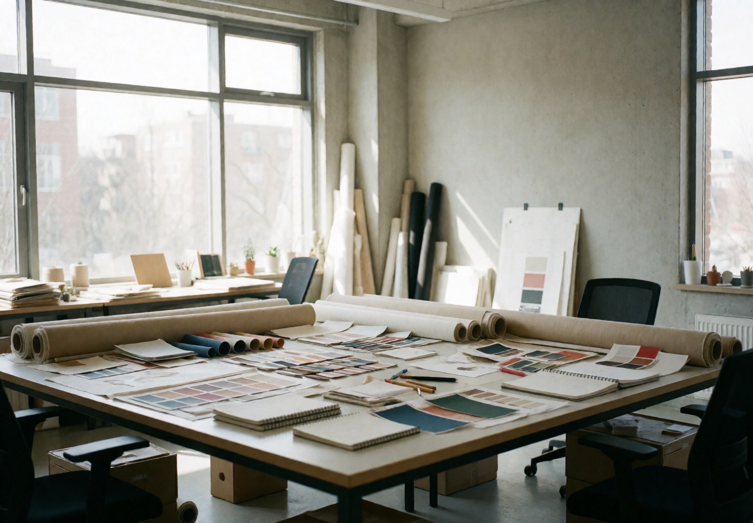 Espace de travail créatif et ordonné pour planifier des mariages, comprenant une grande table, des rouleaux de tissu, des échantillons de couleur et des fenêtres laissant entrer la lumière naturelle.