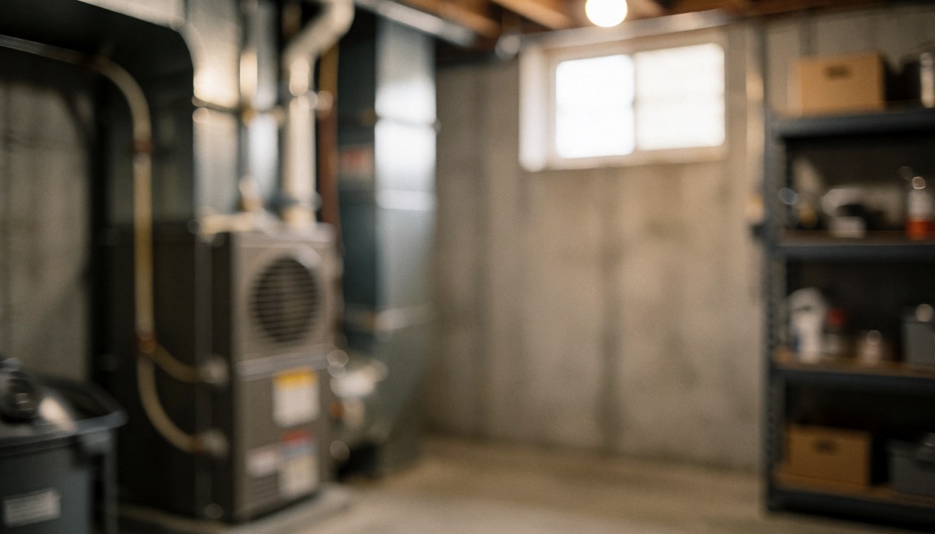 Arrière-plan flou d'un atelier de chauffage avec une chaudière, des étagères et une fenêtre. Idéal pour intégrer du texte commercial.