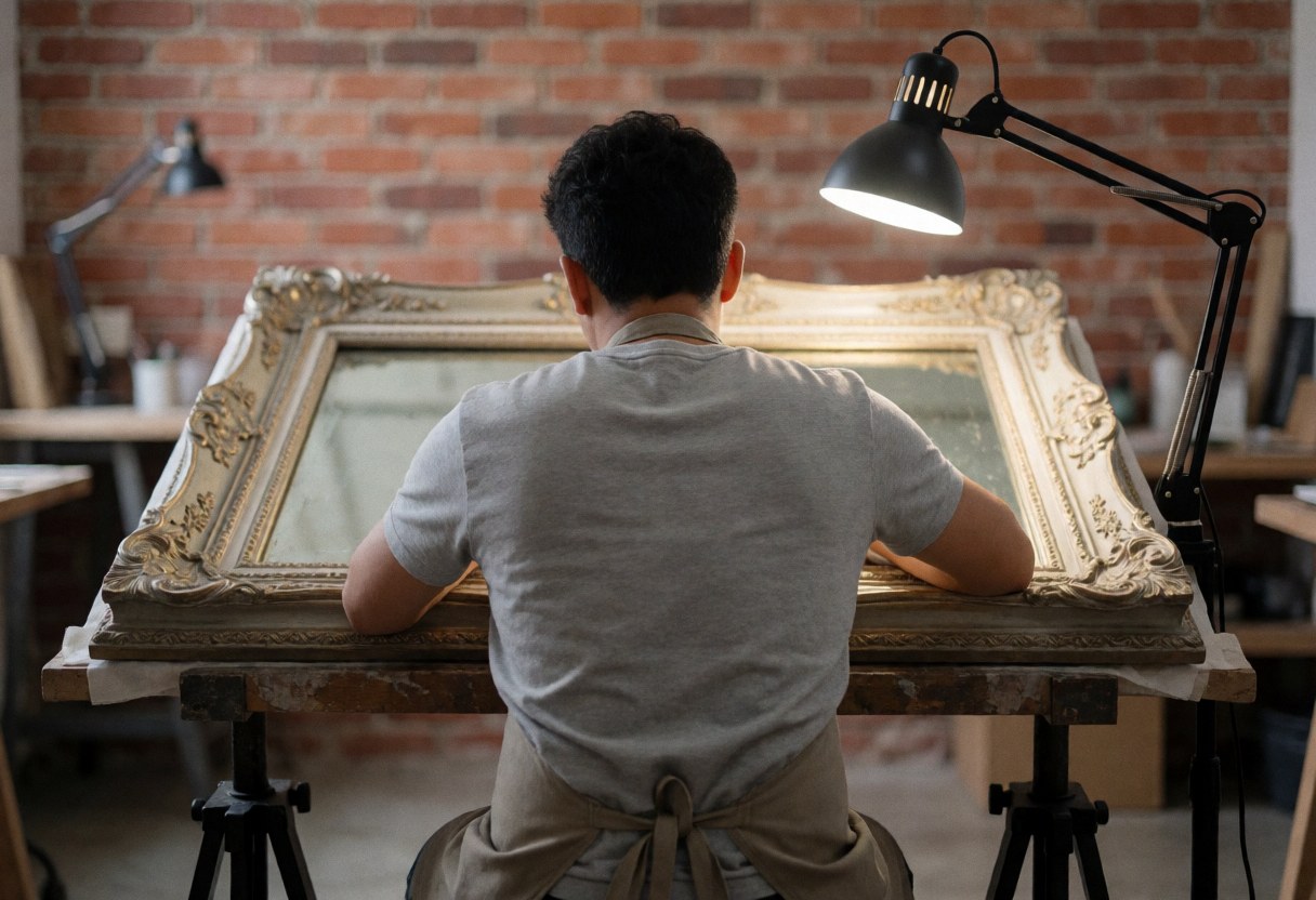 Un restaurateur travaille avec soin sur un ancien cadre de miroir éclairé par une lampe dans un atelier aux murs de briques.