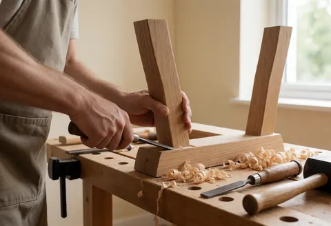 Un menuisier portant un tablier travaille sur une patte de table en bois avec des copeaux et des outils sur une table.