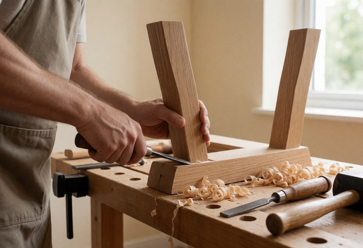 Un menuisier portant un tablier travaille sur une patte de table en bois avec des copeaux et des outils sur une table.