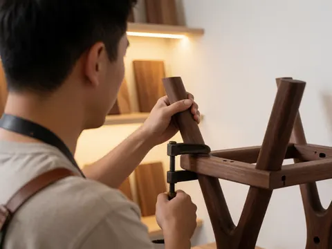 Un menuisier ajuste une patte de table en noyer avec un tournevis dans un atelier éclairé par une lumière chaude.
