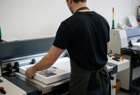 Un employé en tablier ajuste une pile de papier sur une machine de coupe dans un atelier avec des murs blancs et du matériel industriel.
