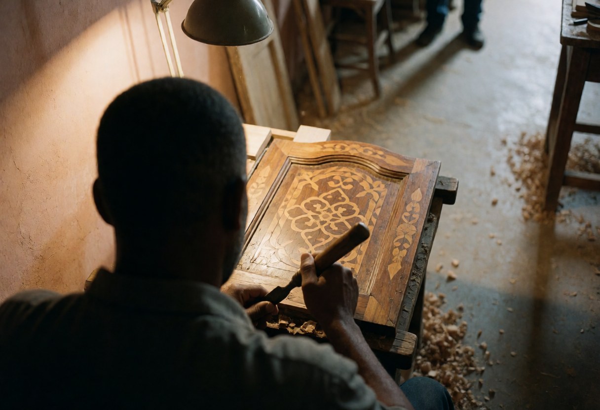 Un artisan travaille à la restauration d'une porte en bois ancien ornée de marqueterie, utilisant un ciseau dans un atelier baigné de lumière chaude avec des copeaux au sol.