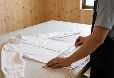Atelier de couture avec une chemise blanche sur une table de coupe, un professionnel mesure avec une règle métallique, murs en bois clair et lumière naturelle.