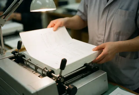Un opérateur en uniforme gris dépose une pile de documents blancs sur une machine de reliure thermique, avec un éclairage chaud et un fond de bureau flou.