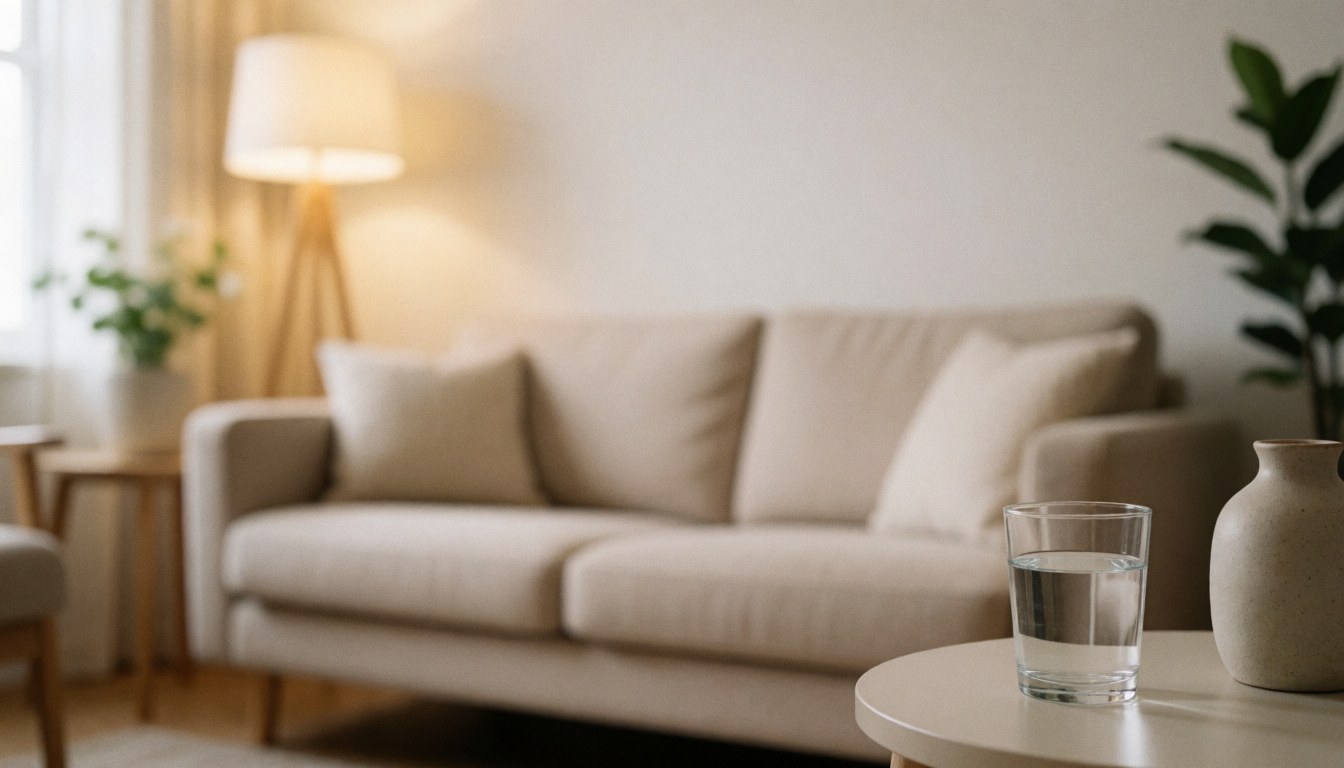 Arrière-plan chaleureux et flou d'un salon avec canapé beige, lampe, table, verre d'eau et vase, idéal pour ajouter du texte.