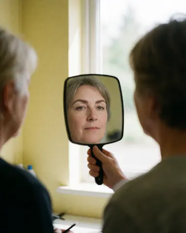 Une cliente regarde sa ceigne dans un miroir, satisfaite du résultat d'un laminage, dans un intérieur lumineux aux murs jaunes.