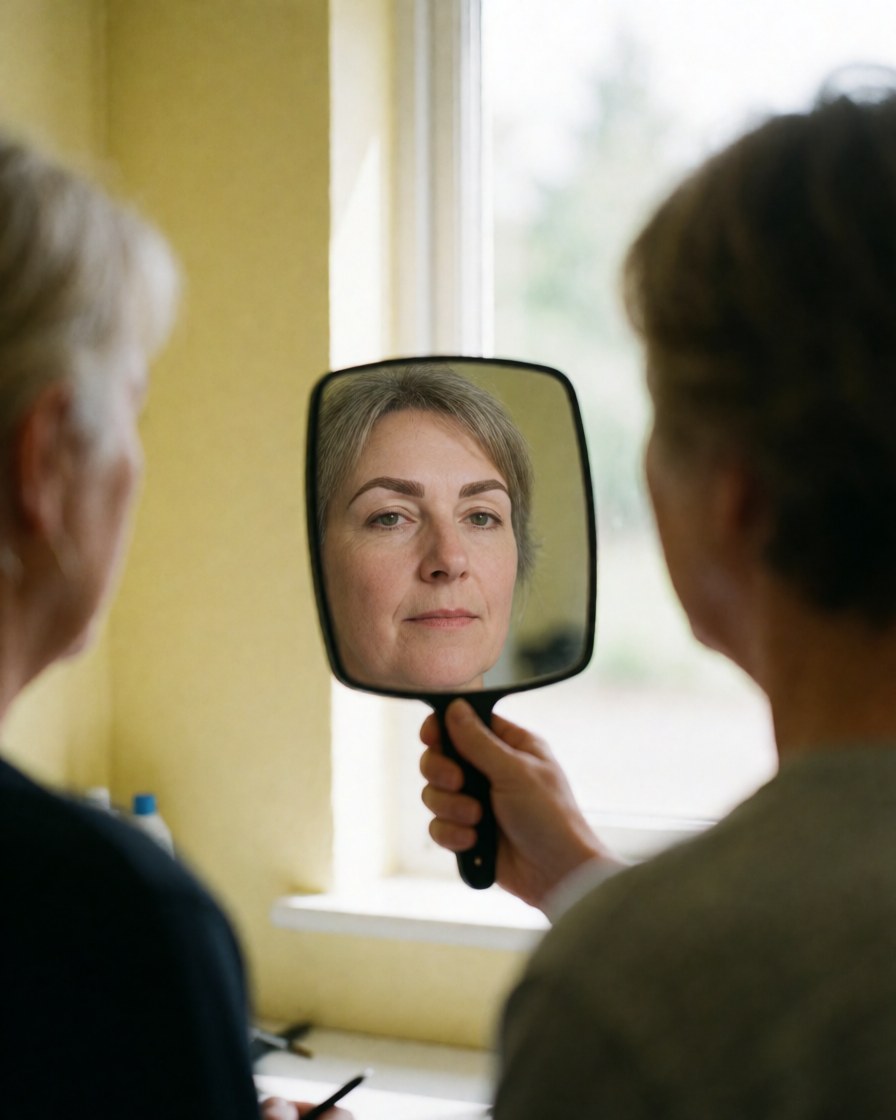 Une cliente regarde sa ceigne dans un miroir, satisfaite du résultat d'un laminage, dans un intérieur lumineux aux murs jaunes.