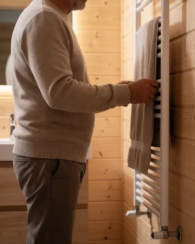 Un homme adulte dans une salle de bain aux murs en bois prend une serviette sur un radiateur chauffant, créant une ambiance chaleureuse et confortable.