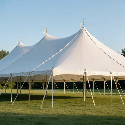Une grande tente blanche bien installée sur une pelouse verte sous un ciel bleu clair, idéale pour des événements en plein air.