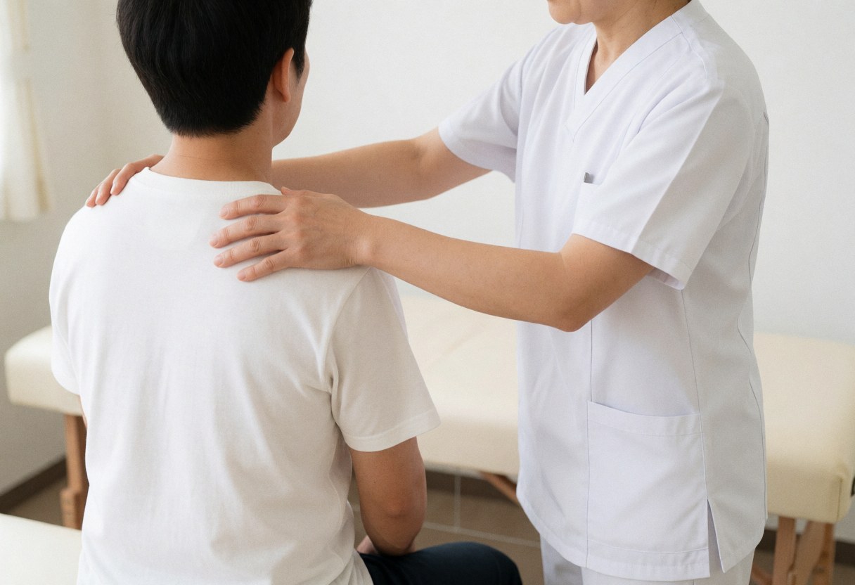Un thérapeute en uniforme blanc effectue un massage sur l'épaule d'un client assis dans une clinique de massages sportifs avec une lumière naturelle et un fond flou.