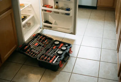 Coffre à outils contenant tournevis et manomètres posé au sol de cuisine près d'un réfrigérateur ouvert avec aliments.