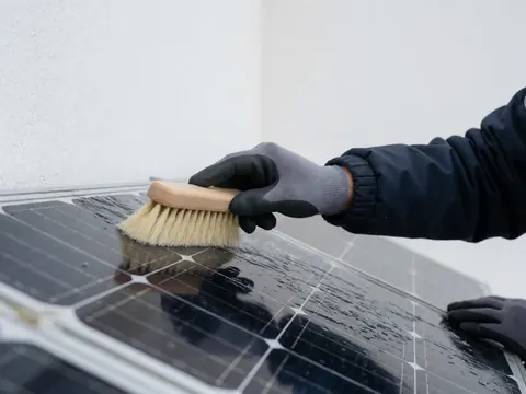 Une main portant un gant noir utilise une brosse à poils souples pour enlever la neige d'un panneau solaire. La surface humide reflète la lumière sur fond blanc.