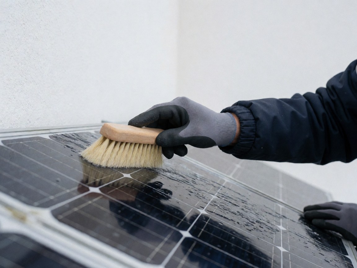 Une main portant un gant noir utilise une brosse à poils souples pour enlever la neige d'un panneau solaire. La surface humide reflète la lumière sur fond blanc.