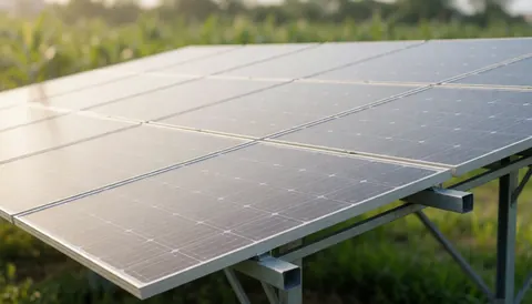 Fond professionnel de panneaux solaires montés sur une structure métallique, avec une végétation verte floue en arrière-plan et une lumière chaude diffuse, idéal pour le texte sur la maintenance de l'énergie solaire.