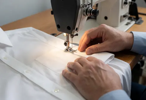 Une main guide une chemise blanche sous l'aiguille d'une machine à coudre industrielle sur une table en bois avec un fond gris.