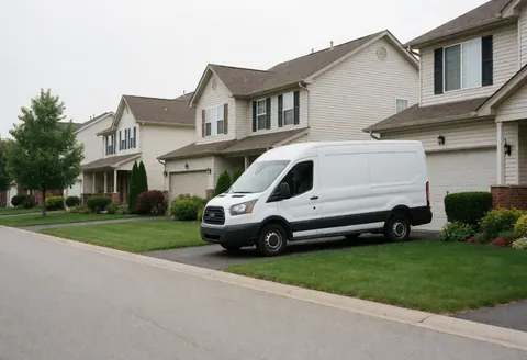 Un fourgon blanc sans marquage est garé sur une voie calme devant des maisons avec jardins, évoquant les services de réparation à domicile.