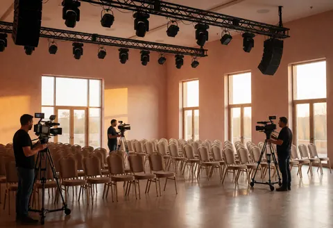 Trois vidéographes utilisent des caméras professionnelles sur trépieds pour filmer une salle d'événement meublée de chaises et éclairée par la lumière chaude des fenêtres.