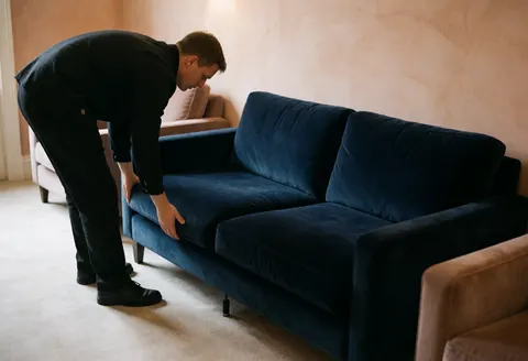 Un technicien d'location de mobilier ajuste soigneusement un canapé bleu profond dans une pièce aux murs terracotta et au sol clair.