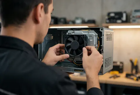 Un technicien répare un micro-ondes en installant un nouveau ventilateur dans un atelier équipé d'outils et éclairé par une lumière chaude.