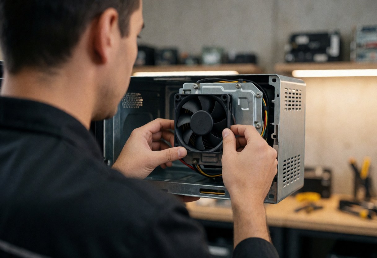 Un technicien répare un micro-ondes en installant un nouveau ventilateur dans un atelier équipé d'outils et éclairé par une lumière chaude.