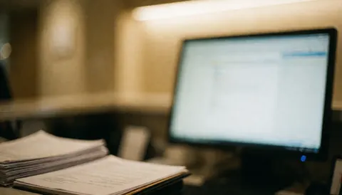 Bureau d'office avec moniteur et documents empilés, éclairage chaleureux et flou artistique pour arrière-plan professionnel.