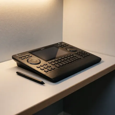 Panneau de commande noir avec clavier et molettes, crayon à côté, sur un bureau blanc avec murs gris et lumière chaude.