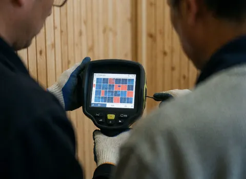 Deux techniciens en gants inspectent un écran affichant des données thermiques avec des zones chaudes en rouge et froides en bleu sur fond bois.