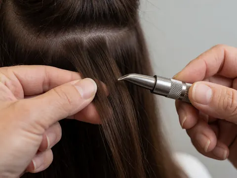 Gros plan d'un outil thermique fixant une extension capillaire sur des cheveux naturels, avec un flou en arrière-plan.