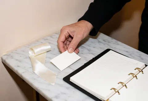Une main adulte dépose une carte de visite à côté d'un échantillon de ruban en soie sur une table en marbre blanc, avec un carnet ouvert à proximité.