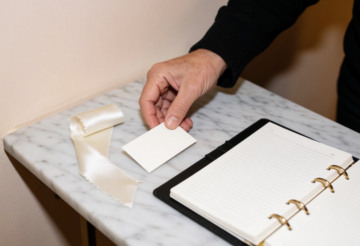 Une main adulte dépose une carte de visite à côté d'un échantillon de ruban en soie sur une table en marbre blanc, avec un carnet ouvert à proximité.