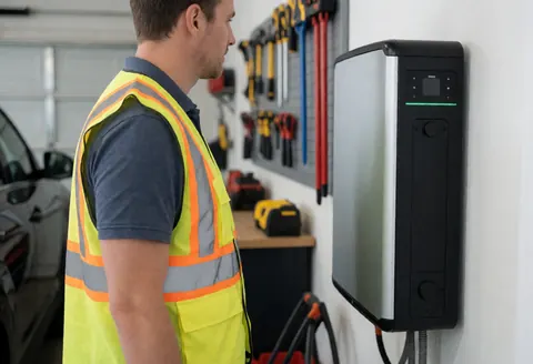 Un technicien en gilet de sécurité examine une batterie solaire fixée au mur d'un garage, avec des outils et une voiture en arrière-plan.