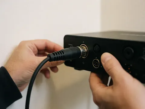 Mains connectant un câble XLR sur une interface audio noire, sur un fond de mur blanc avec un éclairage doux et professionnel.