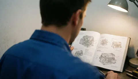Un technicien en réparation de machines examine un manuel technique avec des schémas sous l'éclairage d'une lampe de bureau dans un atelier aux murs blancs.