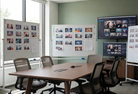 Espace de travail moderne équipé de tableaux de storyboard, d'écrans d'édition et d'une table de réunion avec chaises ergonomiques baignées de lumière naturelle.