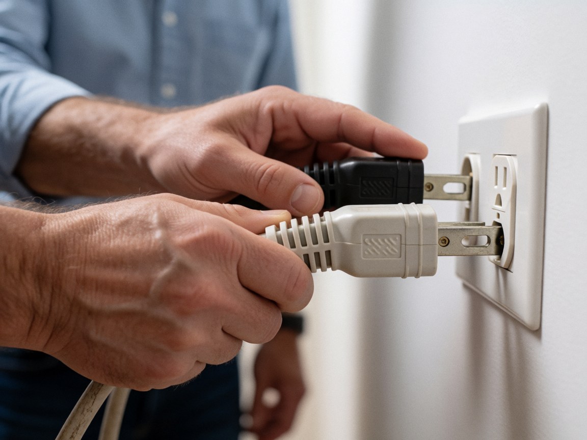 Mains connectant un câble épais à une prise blanche, focus sur les contacts métalliques et l'isolation, scène de réparation électrique.