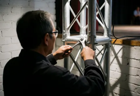 Un technicien portant des lunettes ajuste un treillis métallique à l'aide d'une clé, devant un mur de briques blanches sous l'éclairage de travail.