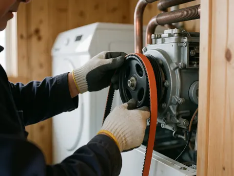 Technicien portant des gants installe une courroie orange sur le moteur d'un sèche-linge avec un mur en bois et un lave-linge flou en arrière-plan.