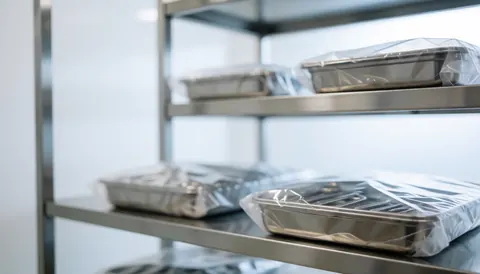 Étagère en métal contenant des plateaux d'instruments médicaux stérilisés sous emballage plastique, sur fond blanc uni avec éclairage professionnel pour supports textuels.