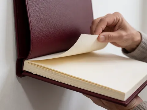 Une main ouvre un album de graduation en cuir bordeaux révélant ses pages en papier épais sur un fond blanc uni.