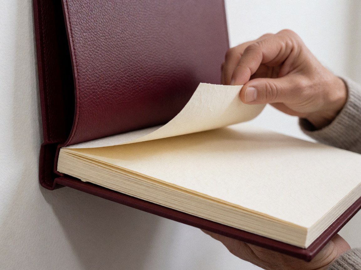 Une main ouvre un album de graduation en cuir bordeaux révélant ses pages en papier épais sur un fond blanc uni.