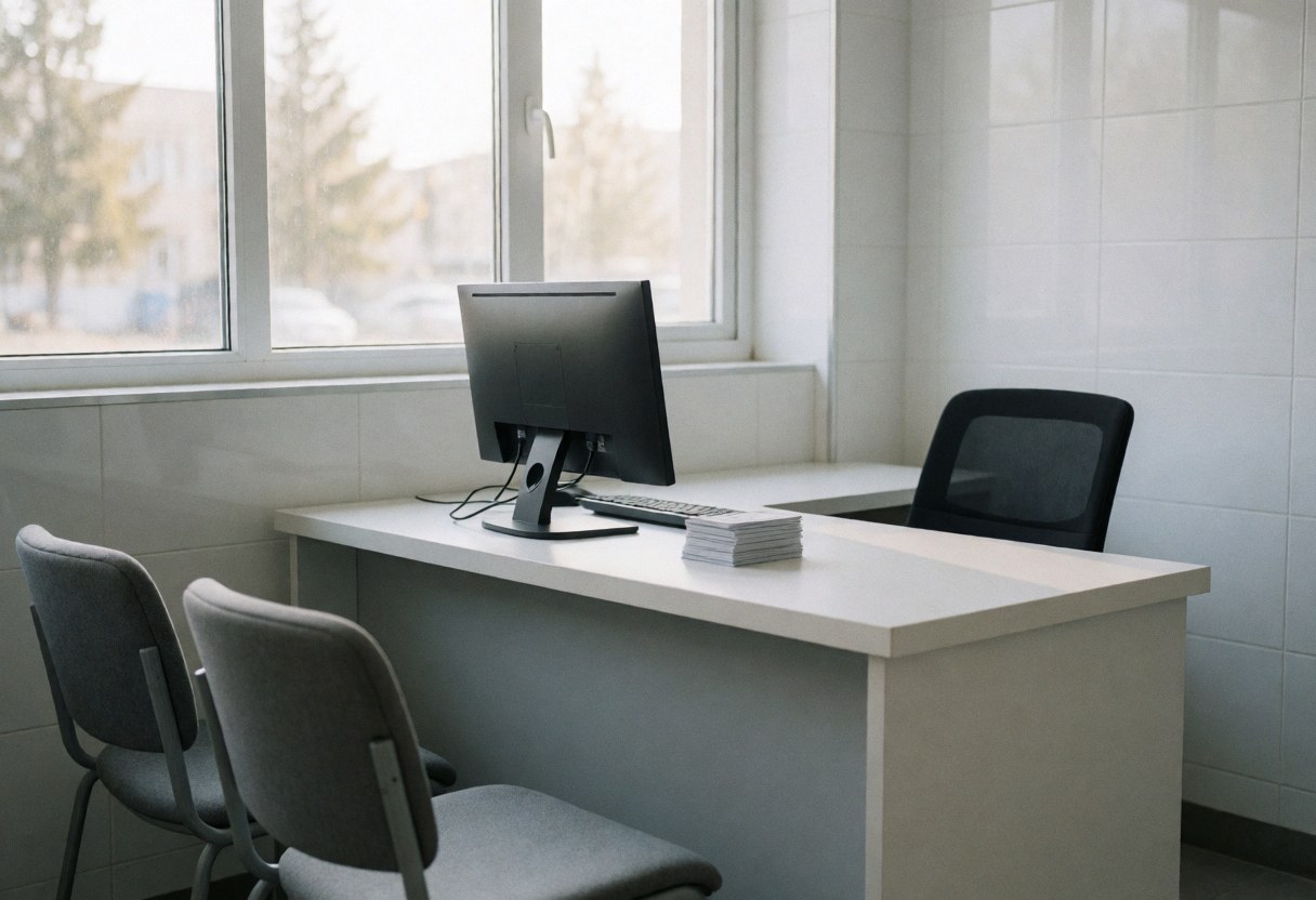Espace de réception moderne avec bureau blanc, écran, clavier et chises grises près d'une fenêtre lumineuse aux murs carrelés.