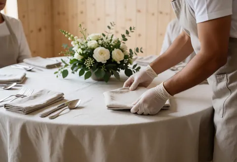 Un coordinateur d'événements portant gants et tablier dispose des serviettes sur une table dressée avec un centre floral, devant un mur en bois clair.