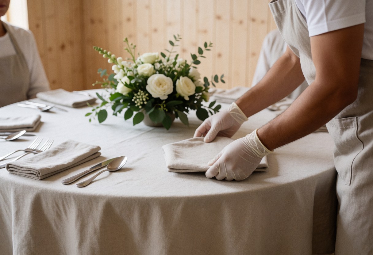 Un coordinateur d'événements portant gants et tablier dispose des serviettes sur une table dressée avec un centre floral, devant un mur en bois clair.